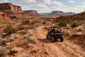 Black UTV driving on a dusty trail through Utah desert landscape with red rock formations.