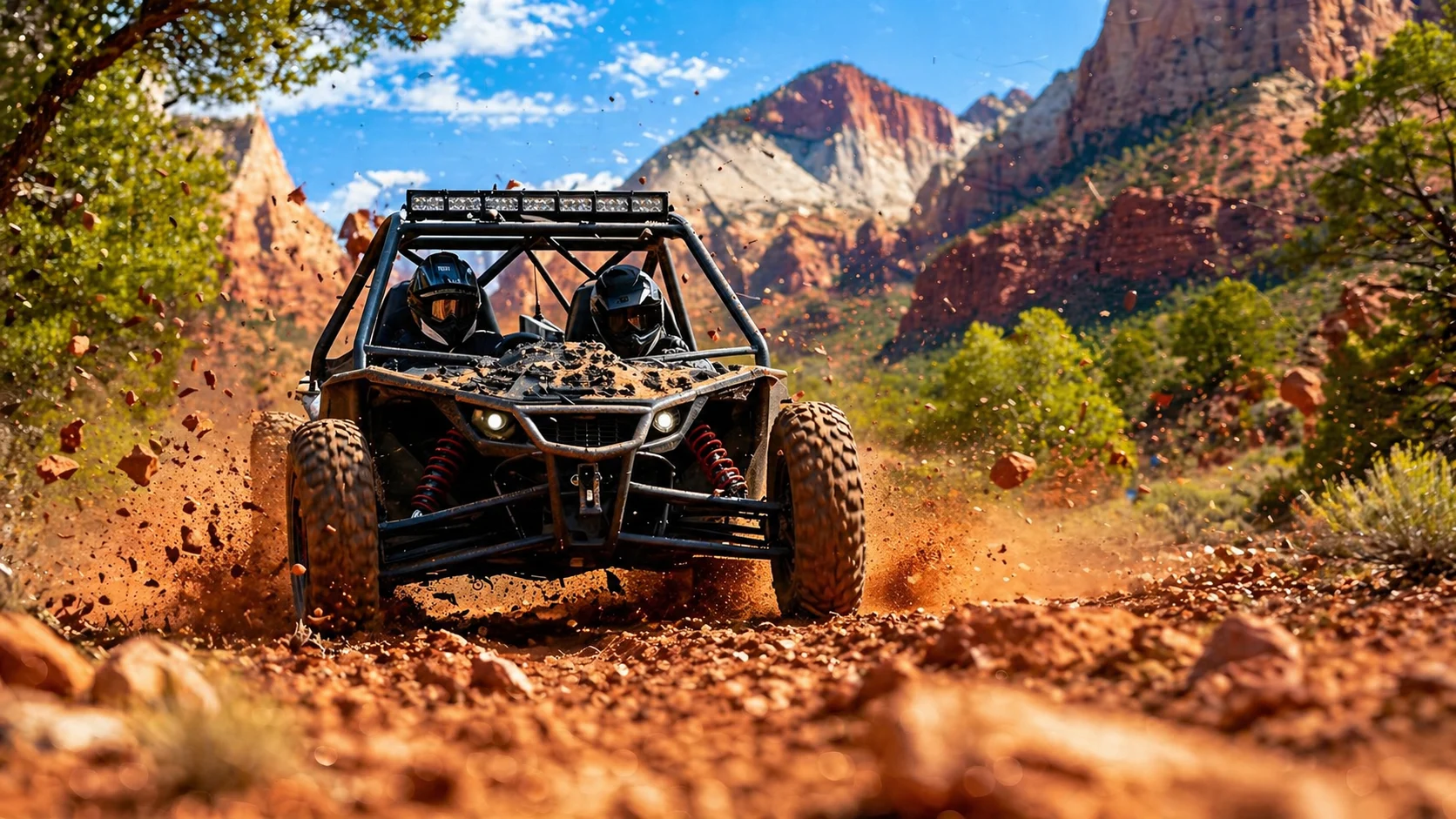 UTV racing through Zion desert trails with red rock cliffs for an adventurous off-road tour