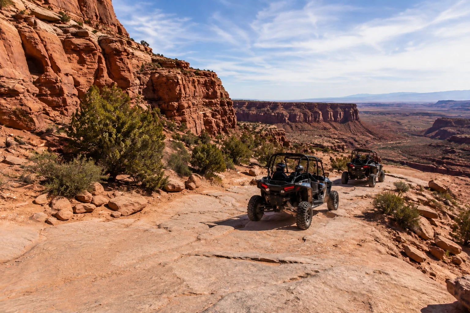 Two UTVs driving along a scenic red rock trail in Utah surrounded by canyon cliffs and desert landscapes