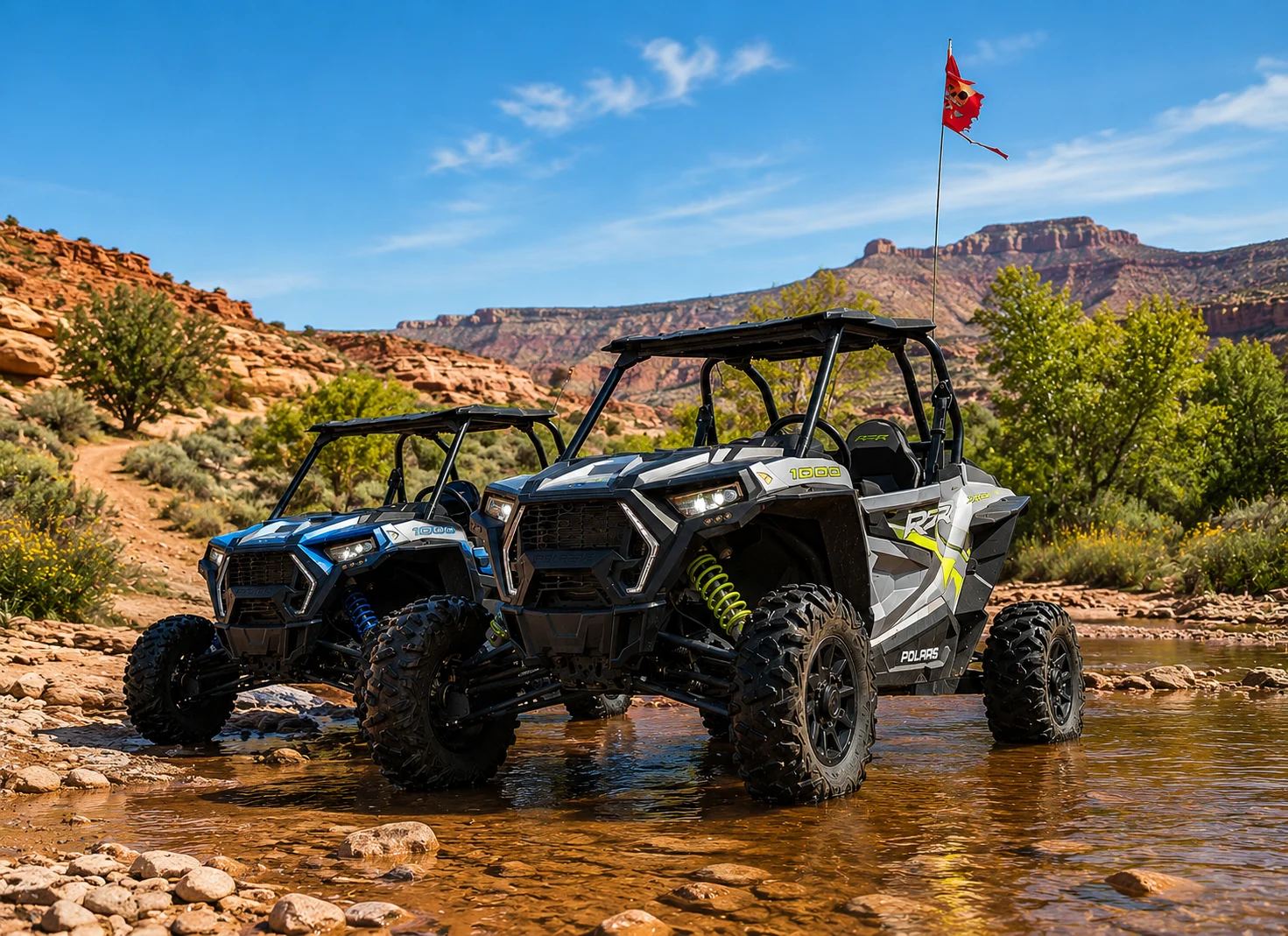 Two off-road UTVs parked in a shallow desert stream surrounded by red rock cliffs during a Toquerville Falls adventure tour in Utah
