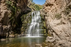 Waterfall cascading into a clear pool at Toquerville Falls surrounded by rugged red rock cliffs in Southern Utah